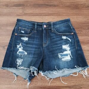 Judy Blue Distressed Denim Shorts Dark Wash Raw Hem JB15002DK Womens Size S